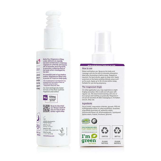 BetterYou Adult Sleep Bundle - Magnesium Bath Salt, Body Lotion, and Essential Oils Spray - Soothe Tired Muscles - Lavender and Chamomile Blend - 3 pc