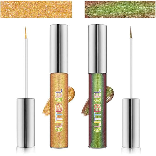 2PCS Glitter Liquid Eyeliner Set, Gold & Green Waterproof Smudge-Proof Shimmer Metallic Eyeliner, Quick-Dry Vegan Formula for Party Makeup, Gift for Women ST Patricks Day Accessories