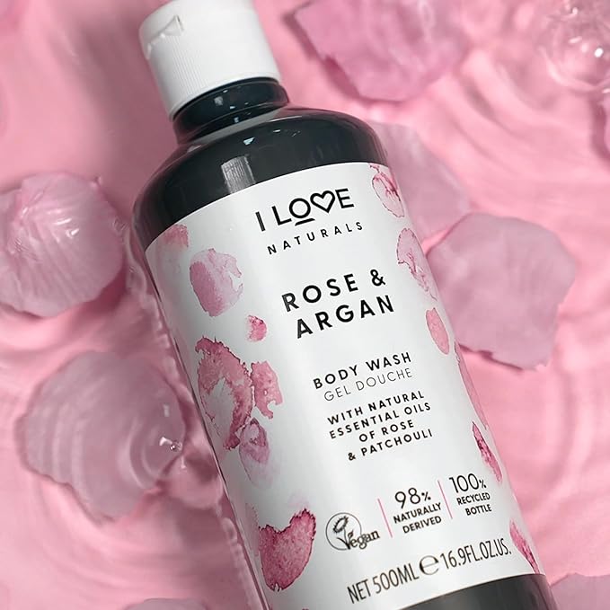 I LOVE Naturals Rose and Argan Body Wash - Moisturizing Body Wash - Infused with Essential Oils - Plant-Based Body Cleanser - 16.9 oz