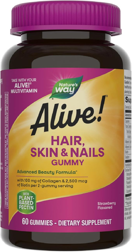 Nature's Way Alive! Hair, Skin & Nails Gummy Supplement, Advanced Beauty Formula*, with Collagen 100 mg & Biotin 2500 mcg per 2-gummies, Strawberry Flavored, 60 Gummies (Packaging May Vary)