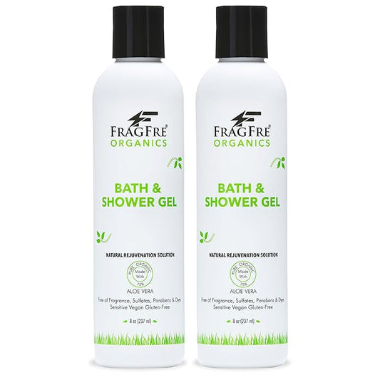 Organic Shower Gel 2/Pack - Fragrance Free Sulfate Free Parabens Free - for Itchy Dry Sensitive Skins - 8 oz - Gluten Free Vegan Cruelty Free - Organic Aloe Vera Bath Shower Gel - pure Natural