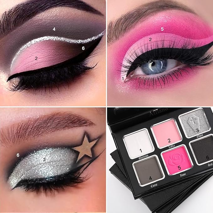 Black Pink Eyeshadow Palette, Matte Glitter White Grey Silver Goth Makeup Palette, Pigmented Long Wear Hot Pink Gothic Smoky Eye Shadow Pallet for Valentine, Halloween Vampire, Witch, Lolita, Cosplay