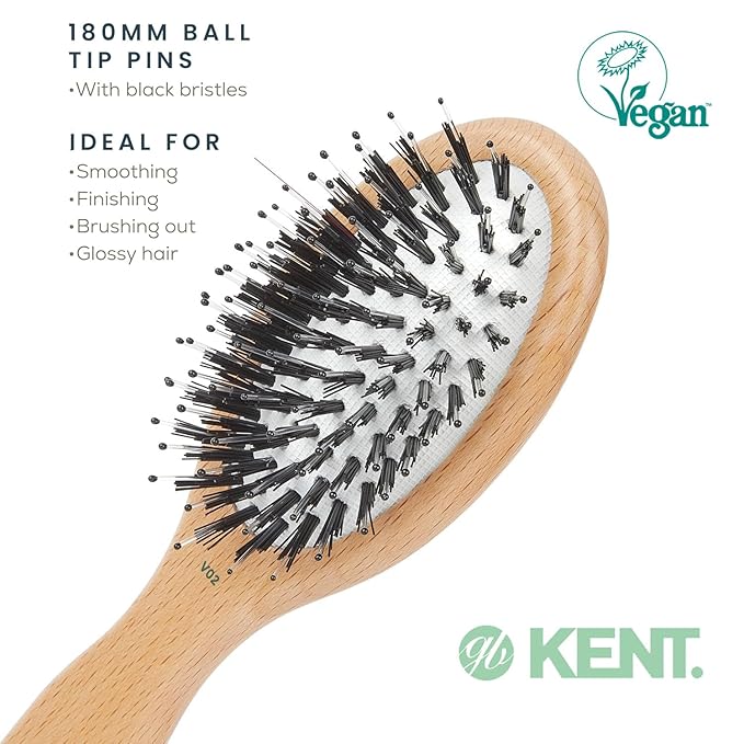 Kent V02 Vegan Boar Bristle Hair Brush with Nylon Pins, Organic Hair Brush for Styling and Detangling, Paddle Brush Ideal for All Hair Types (Small)