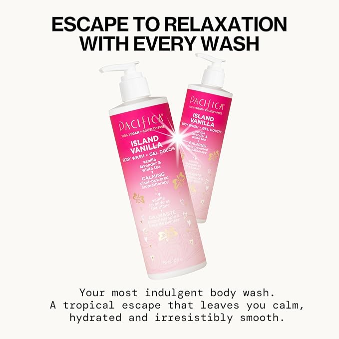 Pacifica Island Vanilla Body Wash Aloe + Hyaluronic Acid,Daily Cleansing,Bath&Shower Gel,Essential Oils,Clean,Vegan + Cruelty&Paraben Free,Clean Beauty Vegan Dermatologist Tested,12 Fl Oz,(Pack of 2)