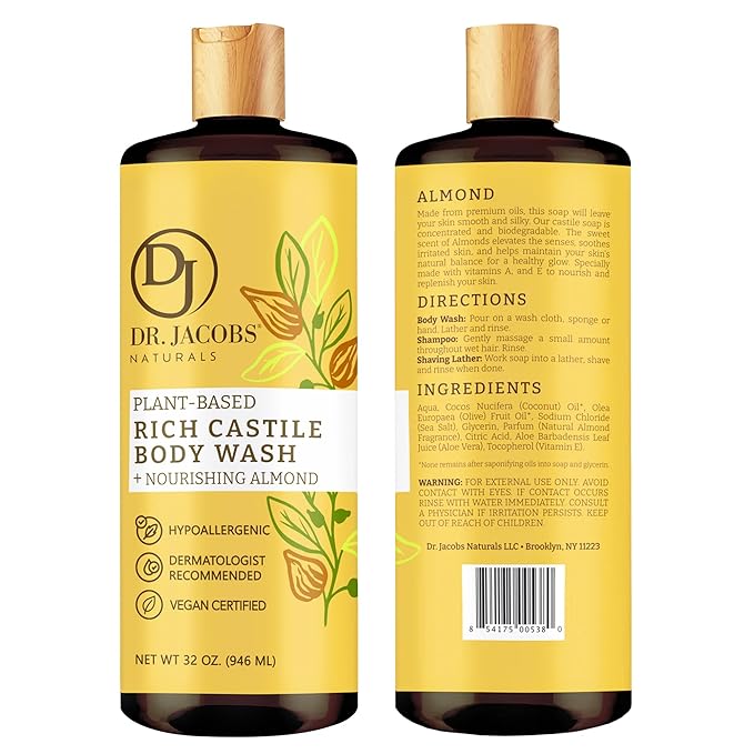 Dr. Jacobs Naturals Pure Castile Soap Liquid Body Wash, Almond - Plant Based Castile Soap Infused with Vitamin E and Aloe Vera to Moisturize Dry and Sensitive Skin - Made in The USA - 32 oz, Pack of 3