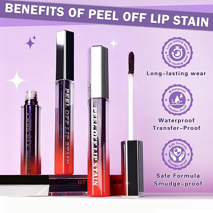 5 Colors Lip Stain Peel Off Lip Liner Stain, Matte Finish Peel Off Lip Stain Tint Long-Lasting Waterproof, Transfer-Proof, All-Day LipStain for Women, Vegan & Cruelty-Free
