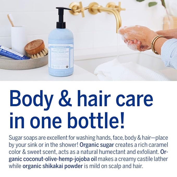 Dr. Bronner's Organic Sugar Soap (Baby Unscented, 12 Ounce) - Made with Regenerative Certified Organic Oils, Sugar & Shikakai Powder, 4-in-1 Use: Hands, Body, Face and Hair- Liquid Soap, Nourishes
