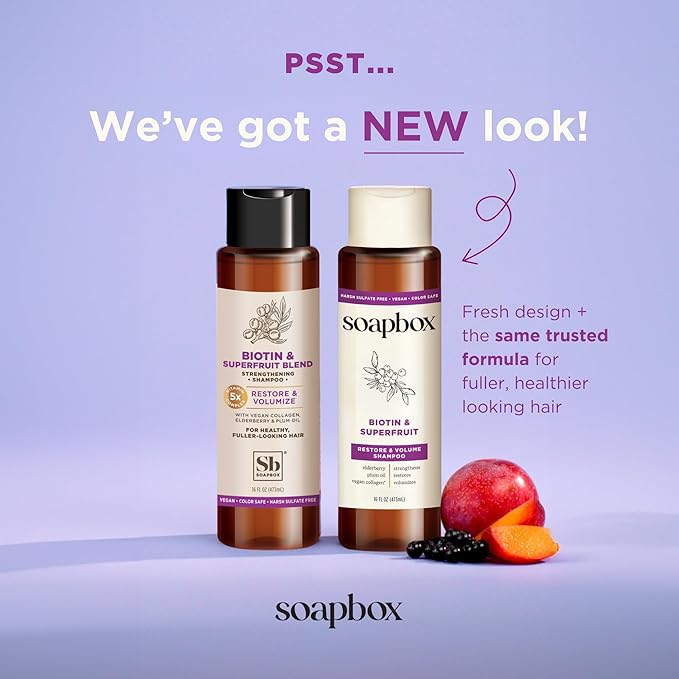 Soapbox Biotin & Superfruit Shampoo & Conditioner Set | Includes Vegan Collagen, Aloe and Shea Butter | Paraben Free, Silicone Free, Harsh Sulfate Free | 16oz (Pack of 2)