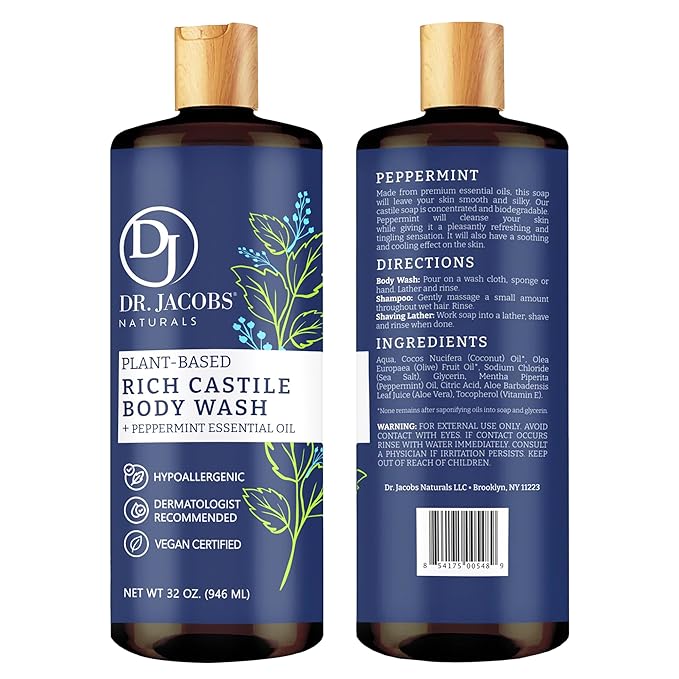 Dr. Jacobs Naturals Pure Castile Soap Liquid Body Wash, Peppermint - Plant Based Soap Infused with Vitamin E and Aloe Vera to Moisturize Dry and Sensitive Skin - Made in The USA - 32 oz, Pack of 2