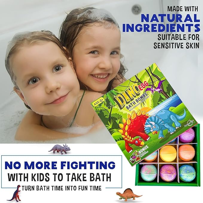 Bath Bombs for Kids with Surprise Toys Inside Plus Dinosaur Puzzle - Set of 9 Organic Dino Egg Bath Bombs with Rich Bubbles, Easter Basket Essentials