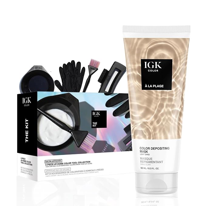 IGK Hair Gloss Toner & Depositing Mask + At-Home Color Tool Set | A La Plage Light Sand | Semi-Permanent Shine + Tone | Salon-Quality Application