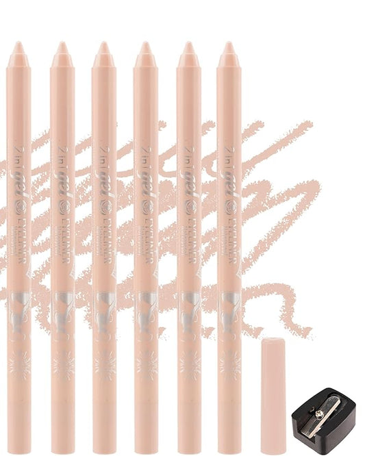 6Pcs Nude Waterline Gel Eyeliner Pencil, Peach Eyeliner Waterline Waterproof Smudge-Proof, Long Stay Eye Liner Brightener Pen with Sharpener, Safe for Sensitive Eyes, Soft Cream Colored Eye Makeup Pen