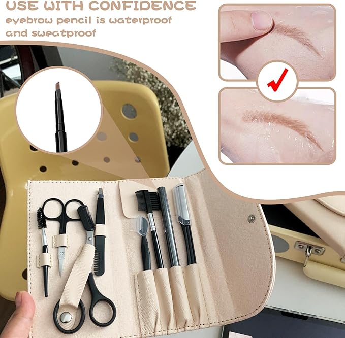 8PCS/SET Professional Eyebrow Shaping Grooming Kit - Beauty Tools Set with Leather Bag Eyebrow Grooming Kit for Women & Men, Eyebrow Trimming Kit With Razor Eyebrow Scissors and Brush with Comb Khaki