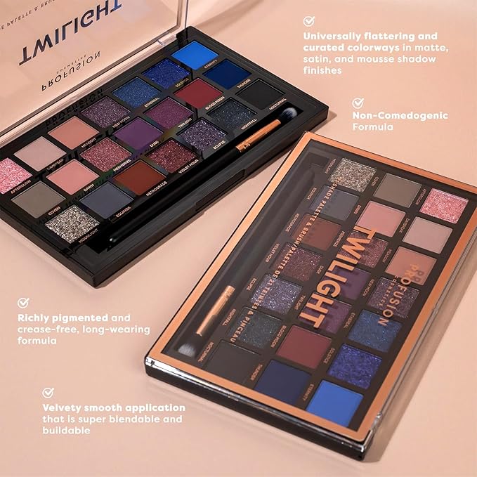 Profusion Cosmetics Twilight 21-Shade Eyeshadow Palette with Brush – Blendable Matte, Metallic & Mousse Finishes, Rich Pigments Infused with Vitamin A and E, Vegan & Cruelty-Free Makeup