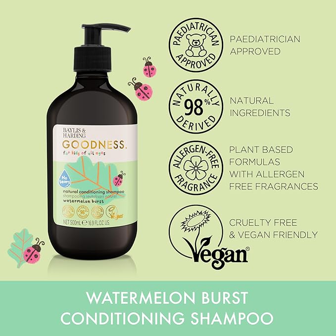 Baylis & Harding Goodness Kids Watermelon Burst No Tears Natural Conditioning Shampoo 16.9 fl. oz (Pack of 3) - Biodegradable Formula - Vegan Friendly