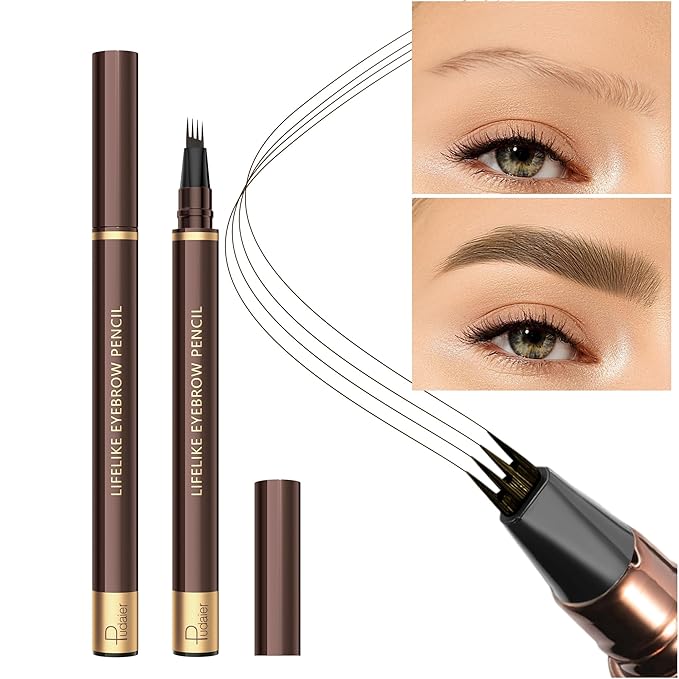 Eyebrow Pencil, 2Pcs Waterproof Microblading Eyebrow Pens, 4 Tip Precise Eye Brow Makeup Pen for Women to Effortlessly Create Hair Like Natural Brows, Non Dry Out and Last All Day (Soft Brown)