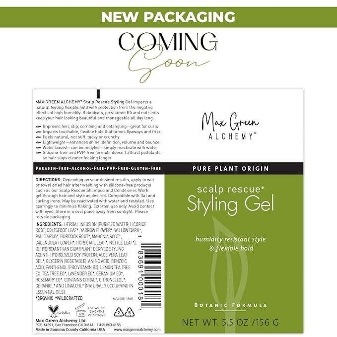 MGA Vegan Hair Styling Gel - Scalp Rescue Organic Formula for Flexible & Natural Hair Style | Curly Hair Products for Men & Women Provides Frizz Control | Alcohol Free & Color Safe Hair Gel, 5.5 Fl Oz