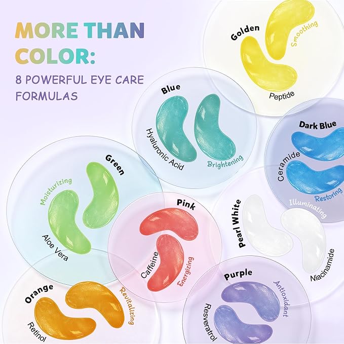 Under Eye Patches Variety Pack (8 Pairs), Easter Gifts for Her, Eye Masks for Dark Circles Puffy Eyes With 8 Colors (1 Pairs/Color), Vegan Skin Care Gifts for Women