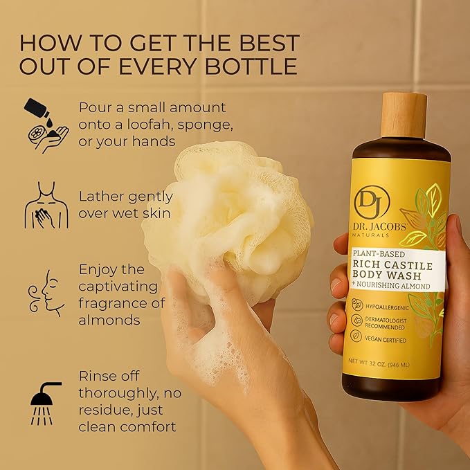 Dr. Jacobs Naturals Pure Castile Soap Liquid Body Wash, Almond - Plant Based Castile Soap Infused with Vitamin E and Aloe Vera to Moisturize Dry and Sensitive Skin - Made in The USA - 32 oz, Pack of 2