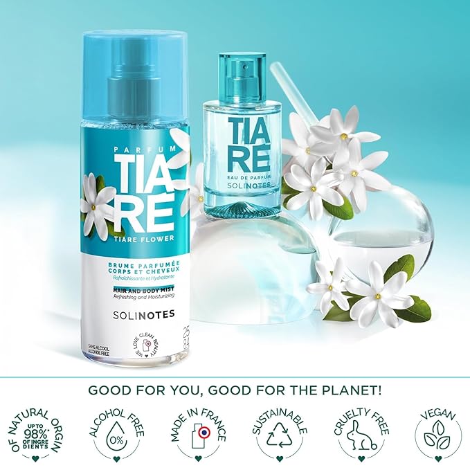 Solinotes Tiaré Body Mist – Alcohol-Free, Long-Lasting Fruity Floral Scent with Coconut, Peach, Vanilla & Musk– Clean, Refreshing Hair & Body Perfume Spray for Women (8.45 Fl Oz)