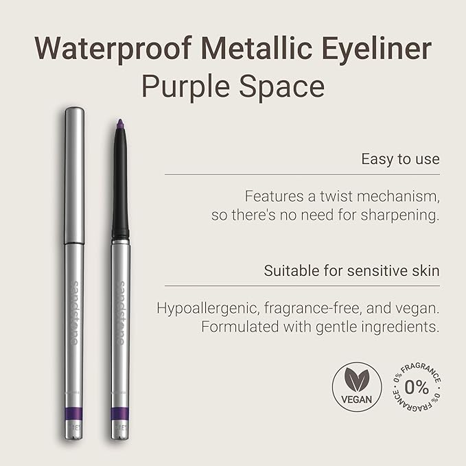 Sandstone Scandinavia Hypoallergenic Waterproof Metallic Eyeliner Pencil – Purple – Fragrance-Free, Vegan – Smudge-Proof Eye Liner for Sensitive Eyes