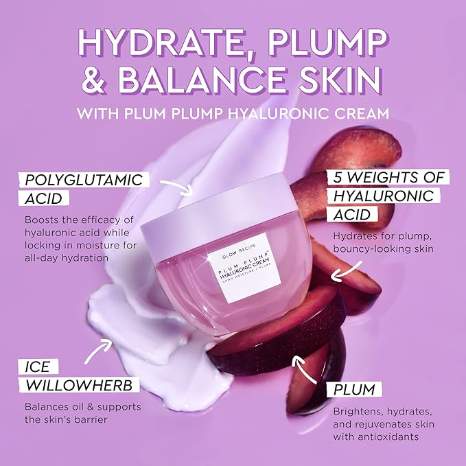 Glow Recipe Plum Plump Hyaluronic Acid Face Cream Moisturizer, Korean Moisturizer for Dry Skin, Plumping + Firming Hydration, Polyglutamic Acid + Peptides, Refillable (50ml)