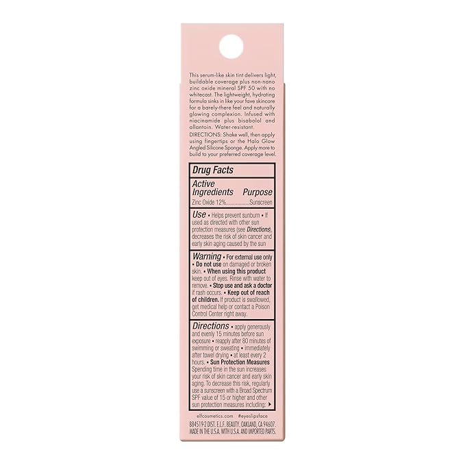 e.l.f. Halo Glow Skin Tint SPF 50, Tinted Moisturizer For Light, Buildable Coverage, Creates A Natural Glow, Vegan & Cruelty-Free, 16 Rich Cool