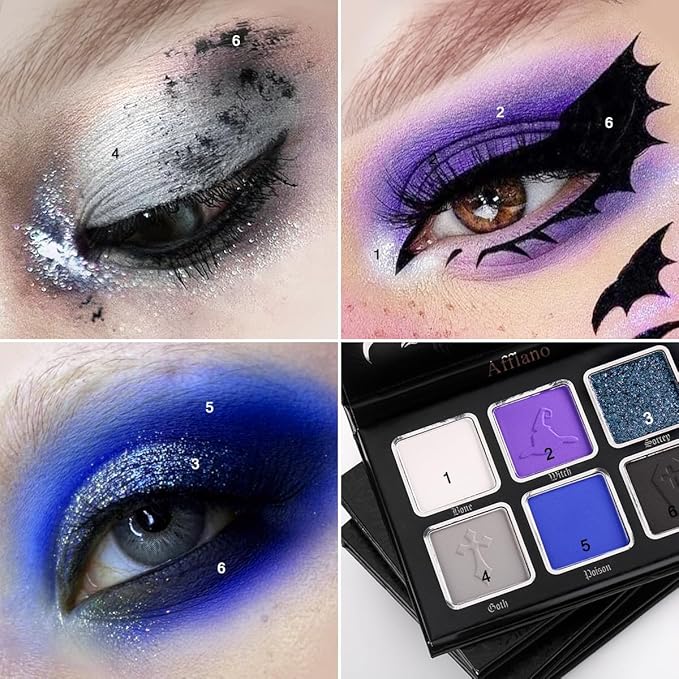 Black Blue Purple Eyeshadow Goth Makeup Palette, Matte Shimmer Dark Smoky Eyeshadow Pallet with Mirror, High Pigment White Grey Multichrome Eye Shadow for Halloween Party Witch Costume Zombie Vampire