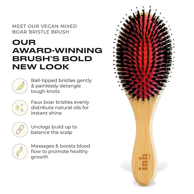 INH Boar Bristle Hair Brush | Smoothing Detangler Brush with Soft Vegan Mixed Bristles for Wet & Dry Hair | Detangling Anti-Frizz Wood Paddle Brush for Wig, Extensions, Human & Synthetic Hair | Peach