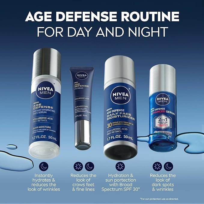 NIVEA MEN Age Defense Eye Cream with Hyaluronic Acid,24-Hour Hydrating Under Eye Cream for Men Helps Reduce Look of Crow's Feet,Fine Lines and Dark Circles,0.5 Fl Oz Tube,(Pack of 2)