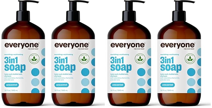 Everyone 3-in-1 Soap,Body Wash,Bubble Bath,Shampoo,32 Ounce,Unscented,made for Men and Women,(Pack of 4)