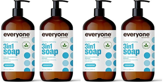 Everyone 3-in-1 Soap,Body Wash,Bubble Bath,Shampoo,32 Ounce,Unscented,made for Men and Women,(Pack of 4)