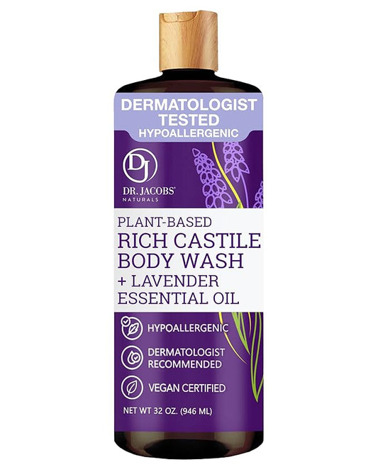 Dr. Jacobs Naturals Pure Castile Soap Liquid Body Wash, Lavender - Plant Based Soap Infused with Vitamin E and Aloe Vera to Moisturize Dry and Sensitive Skin - Made in The USA - 32 oz, Pack of 1