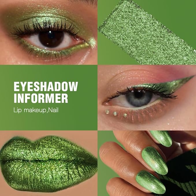 Green Glitter Eyeshadow, Highly Pigmented Lime Green Sparkle Metallic Eyeshadow Palette for Older Women, Long Lasting Light Pressed Powder Chrome Shimmer Eye Shadow for Daily, Party, St. Patrick's Day