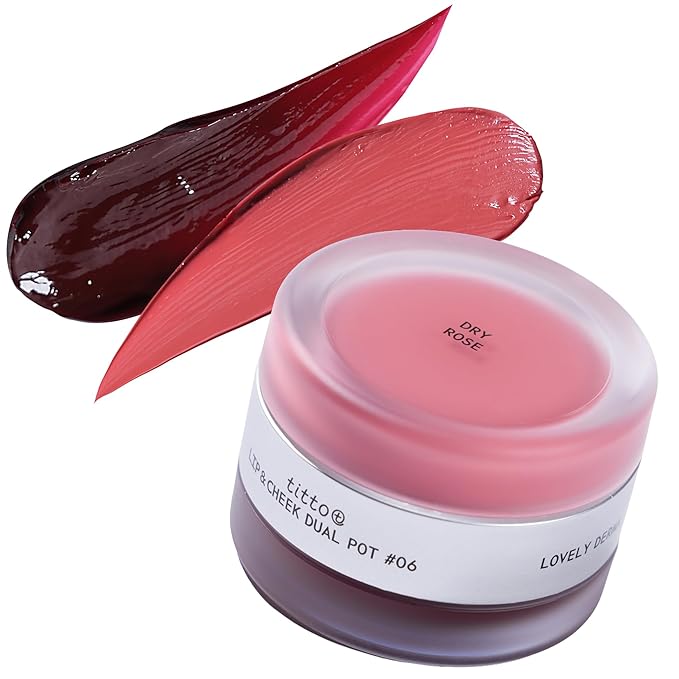 titto Lip & Cheek Dual Pot Blendable & Buildable | Multi-Use Tinted Balm & Blush for Cheeks, Rich Buttery Texture, Long-Lasting, Natural Dewy Finish, Vegan, K Beauty (#06 Dry Rose/Veiled Rosy)