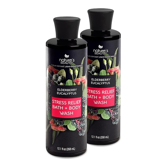 Nature's Beauty Elderberry Eucalyptus Stress Relief Body Wash Multi-Pack - Gentle Bath + Body Cleanser, Restore Skin Made w/Shea Butter, Avocado Oil, and Sweet Almond Oil, 12 fl oz (2 Pack)