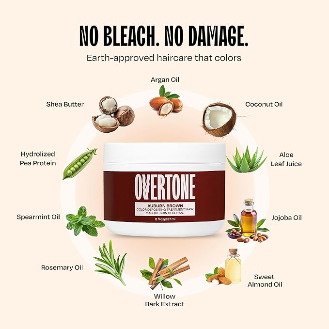 Overtone Semi Permanent Hair Color Conditioner, Auburn Brown, 8 oz, Nourishing, Damage-Free, Color Depositing Mask for All Hair Types with Shea Butter & Coconut Oil, Vegan & Cruelty-Free