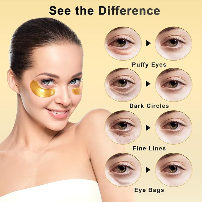 Under Eye Patches (25 Pairs) - 24K Gold Eye Masks Enriched with Abundant Collagen for Dark Circles, Puffiness, Smooth Fine Line, Nourish Skin Gifts for Women - Vegan & USA Tested