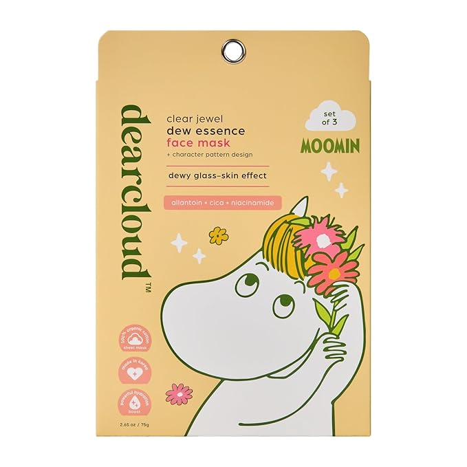 dearcloud Moomin' Clear Jewel Dew Essence Face Mask, Korean Sheet Mask - Allantoin, Niacinamide & Cica (3 Count)