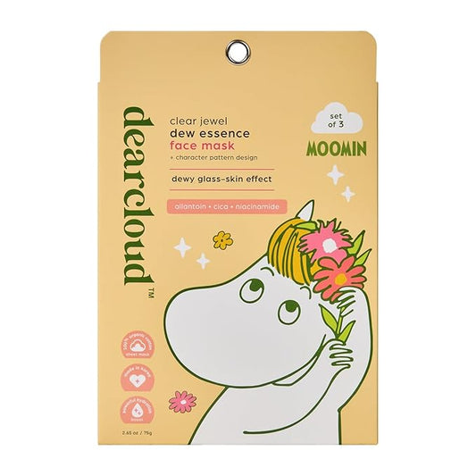dearcloud Moomin' Clear Jewel Dew Essence Face Mask, Korean Sheet Mask - Allantoin, Niacinamide & Cica (3 Count)