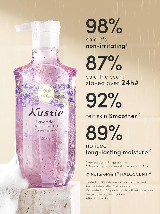 Kustie Petal Body Wash - Lavender Petals, Tea Tree Oil, Squalane & Hyaluronic Acid | Acne-Fighting, Calming & Hydrating Cleanser | Vegan, Sulfate-Free for Sensitive & Oily Skin, 12.8 fl oz