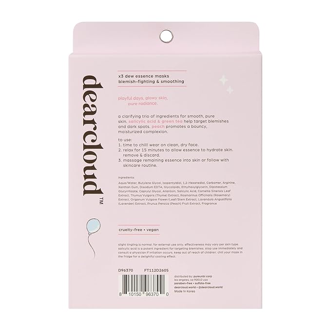 dearcloud Pure Puppy Clear Burst Dew Essence Face Mask, Korean Sheet Mask - Salicylic Acid, Green Tea & Peach (3 Count)