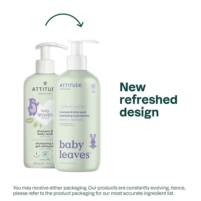 ATTITUDE Baby 2-in-1 Shampoo & Body Wash, EWG Verified, Dermatologically Tested, Vegan, Sweet Apple Scent, 16 Fl Oz