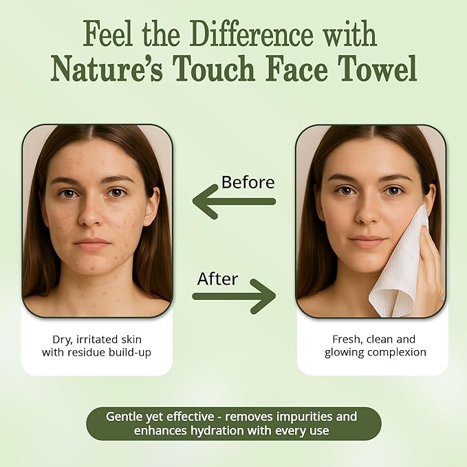 Nature’s Touch Face Towels, Biodegradable Viscose, 100% USDA Biobased, Disposable Face Towelette, Ultra Soft, Vegan, OEKO-TEX Certified, Travel, Skincare, Beauty Routine Use, 10"x12", Pack of 1, 50 Ct