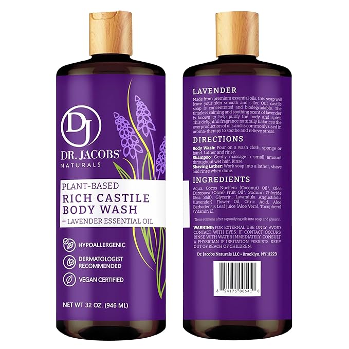 Dr. Jacobs Naturals Pure Castile Soap Liquid Body Wash, Lavender - Plant Based Soap Infused with Vitamin E and Aloe Vera to Moisturize Dry and Sensitive Skin - Made in The USA - 32 oz, Pack of 1