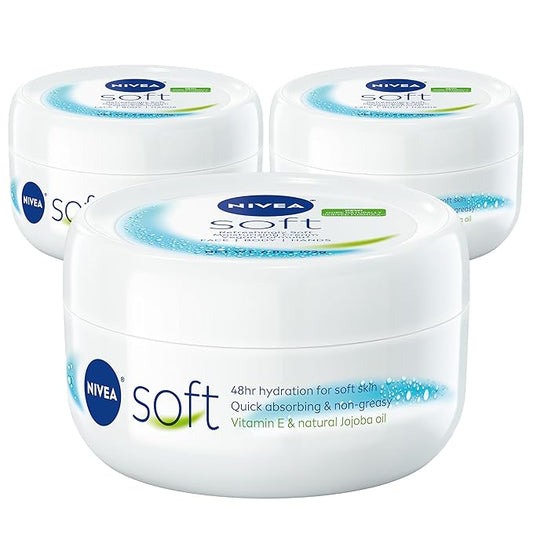 NIVEA Soft Refreshingly Soft Moisturizing Cream for Face, Body and Hands, Lightweight, Non-Greasy, 48-Hour Body Moisturizer with Jojoba Oil and Vitamin E, 6.8 Oz Jar, Pack of 3