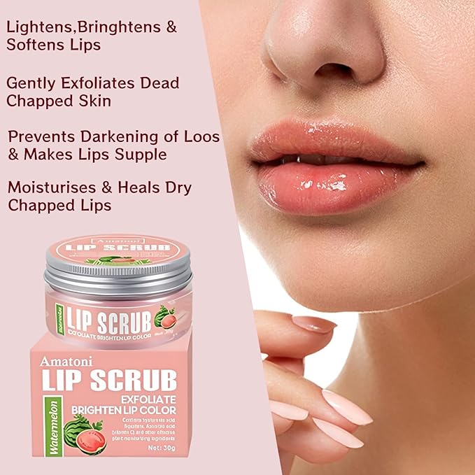 4-Color Fruit-Flavored Lip Scrub for Dry, Cracked & Dark Lips – Exfoliating & Moisturizing Lip Care with Organic Ingredients, Lip Brush – Vegan, Cruelty-Free (20g) (Watermelon flavor, 1PC)