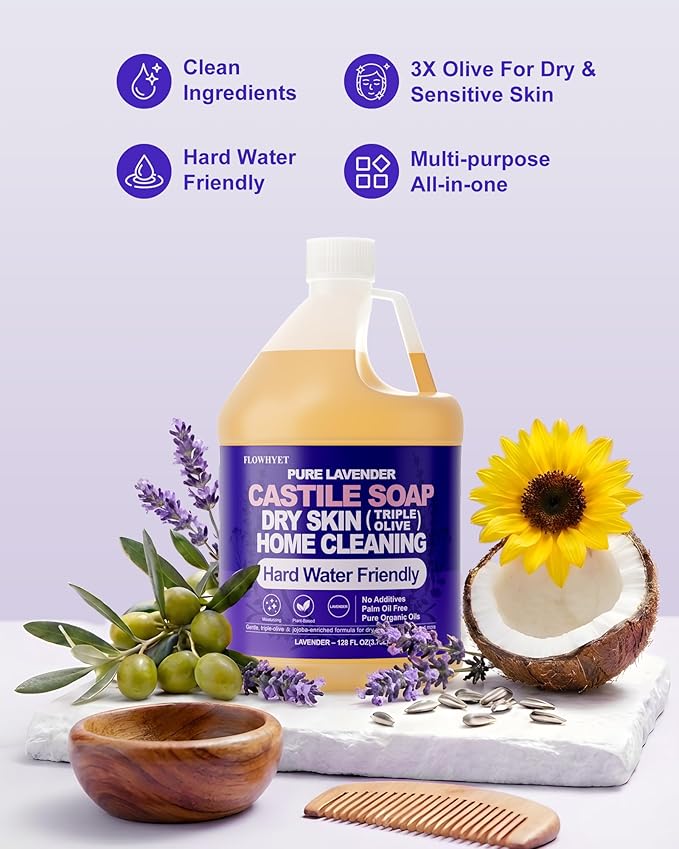 1 Gallon Pure Castile Soap Liquid Lavender, Natural Organic Hand Soap, For Dry Skin, Hand, Face, Body ＆ Home Cleaning, Vegan Hard Water Friendly- 128 fl oz