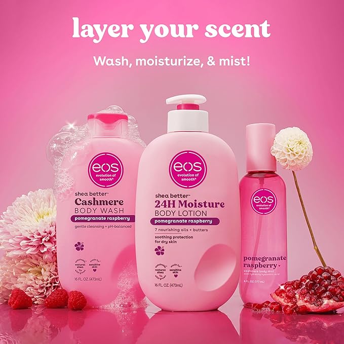 eos Cashmere Body Mist, Pomegranate Raspberry, Body Spray for Women, Hair Mist, Fruity, Moisturizing, Hyaluronic Acid, Glycerin, Vegan, Cruelty-free, 6 fl oz
