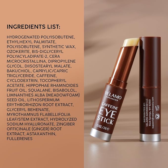 VELAMO ADVANCED Caffeine Eye Stick: Energizing & Hydrating Under Eye Balm for Dark Circles & Puffiness - Travel Essentials, Portable & Perfect for On-the-go Use, 0.1 OZ/3g